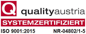 Quality Austria Systemzertifiziert ISO 9001:2015 Nr.-04802/1-5.